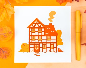 Traditional German House in Fall: Cute Fine Art Square Print