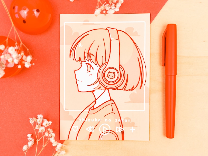 Shizuka na Sekai: Anime Headphones Girl Poster A4 A6 (Fine Art)