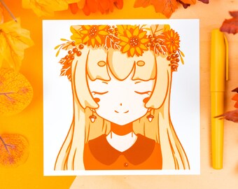 Fall Flower Girl: Anime Fine Art Square Print