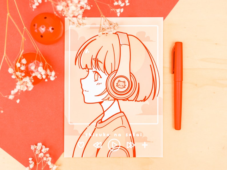 Shizuka na Sekai: Anime Headphones Girl Poster A4 A5 (Fine Art)