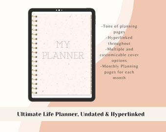 Może przedstawiać: Cyfrowa ilustracja planera na ekranie tabletu. Planer ma białe tło z subtelną, kropkowaną fakturą i tekst "MY PLANNER" szarym fontem. Tekst "Ultimate Life Planner, Undated & Hyperlinked" jest wyświetlany pod ekranem tabletu. Obraz zawiera również listę funkcji, w tym "Mnóstwo stron do planowania", "Hiperłącza w całym", "Wiele opcji spersonalizowanych okładek" i "Miesięczne strony do planowania dla każdego miesiąca".