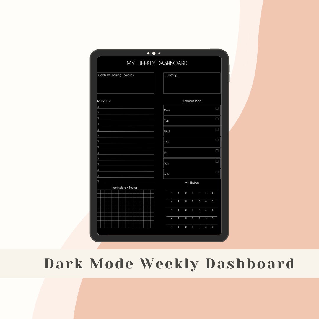 Dark Mode My Weekly Dashboard, Daily, Weekly Meal Digital Planner