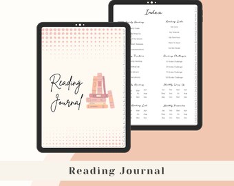 Peut inclure: Un modèle de planificateur numérique pour suivre la progression de la lecture. La couverture présente une pile de livres avec le texte "Reading Journal" en écriture manuscrite. La page d'index répertorie les sections pour les listes de lecture, les défis et les suivis mensuels.