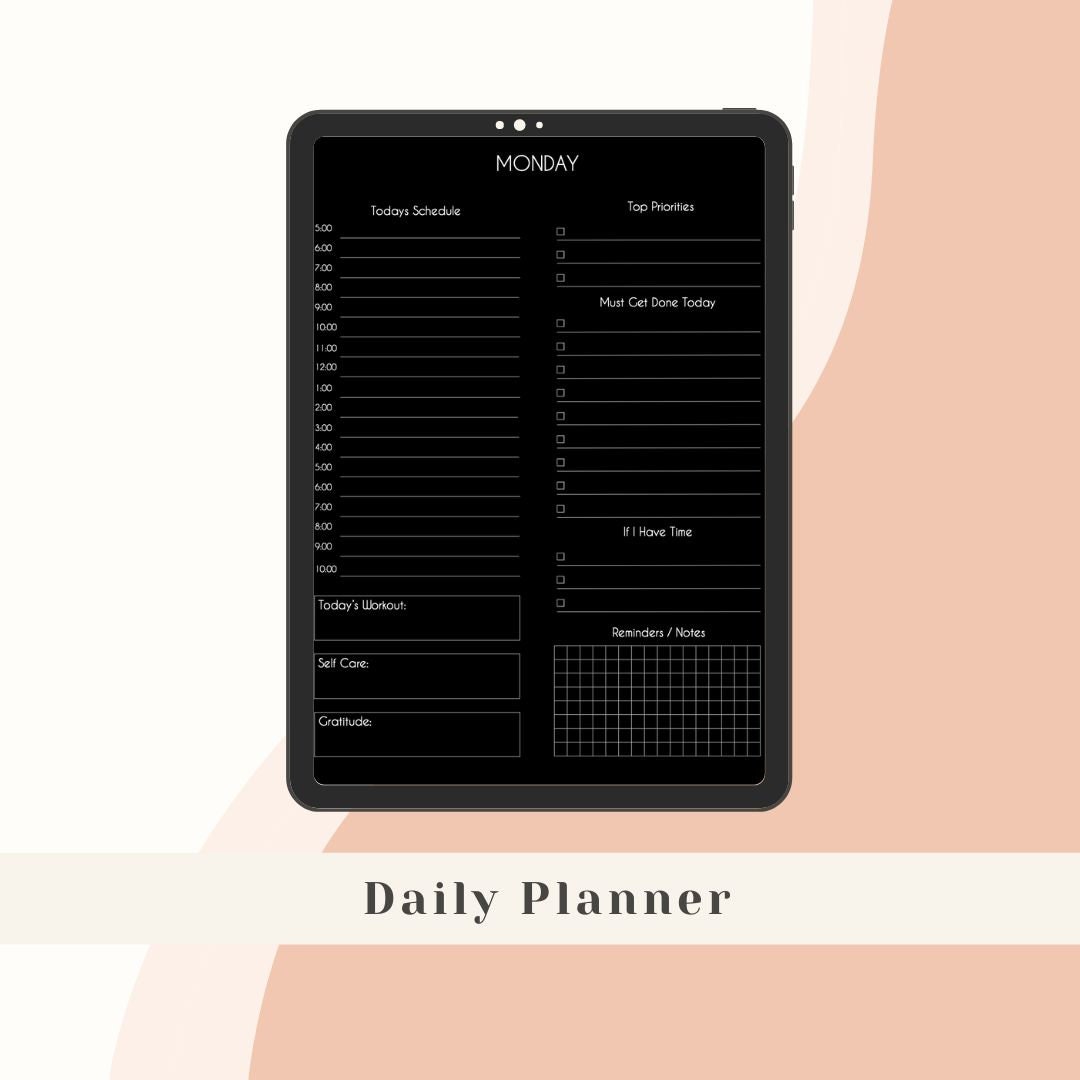 Dark Mode My Weekly Dashboard, Daily, Weekly Meal Digital Planner