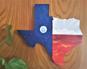 Arte de pared de madera pintado a mano con la bandera de Texas Skies - 10 pulgadas