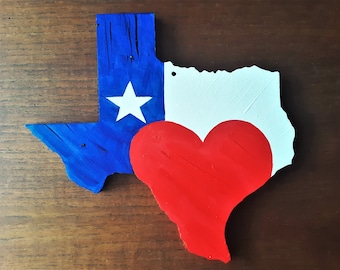 Arte de pared de madera pintado a mano con forma de corazón y bandera de Texas - 10 pulgadas