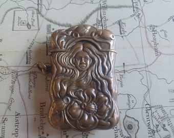 Art Nouveau Style Brass Vesta Case With Lady with Swirling Hair