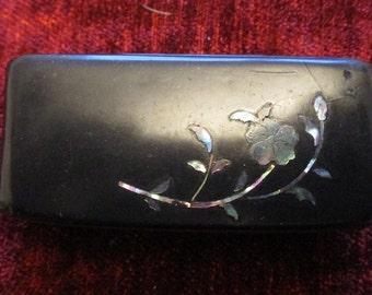 Victorian Black Lacquered Papier Mache Snuff Box with Mother of Pearl Inlay.