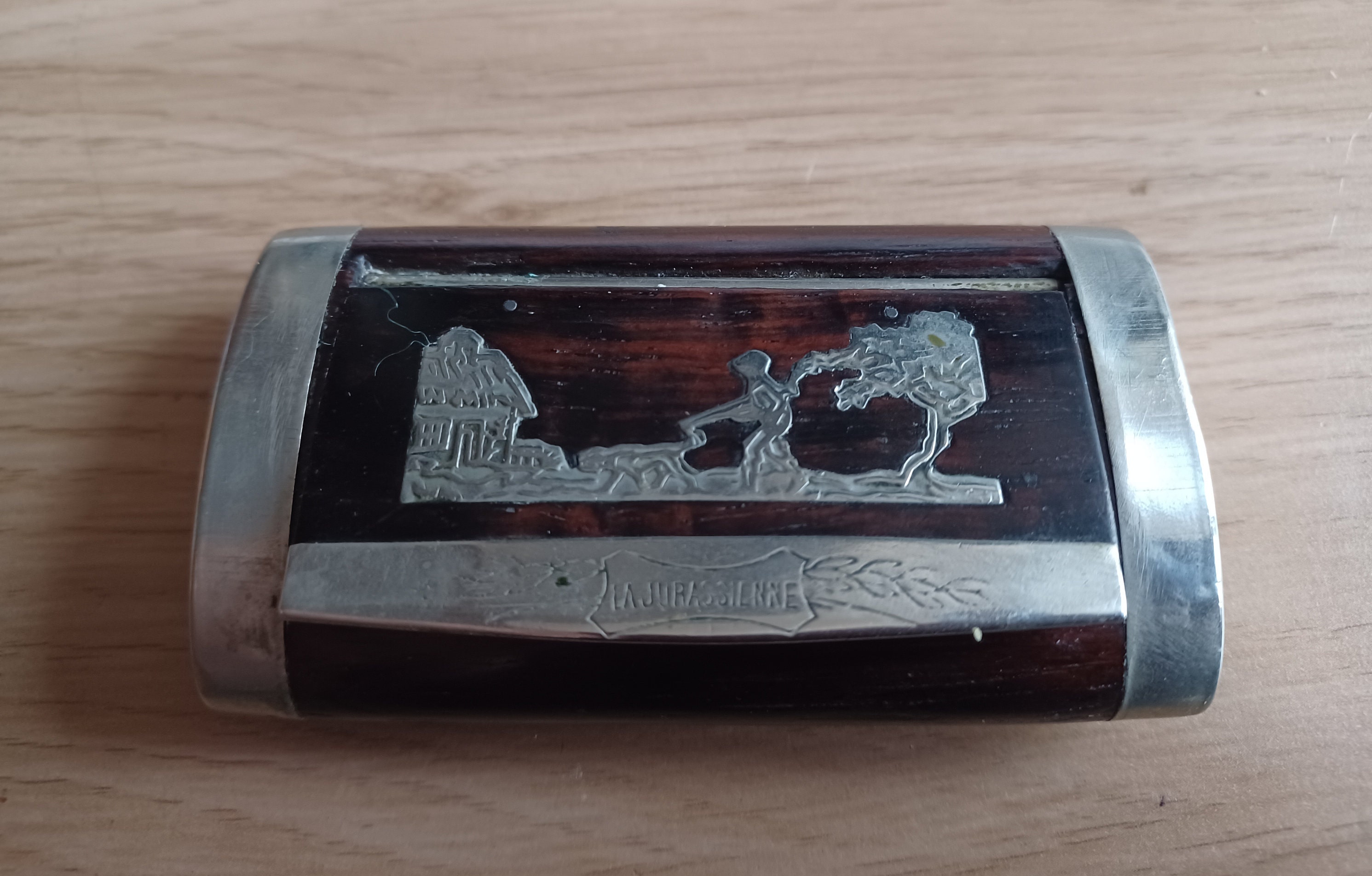 An Antique French 'la Jurassienne' Wooden Snuff Box With Silver