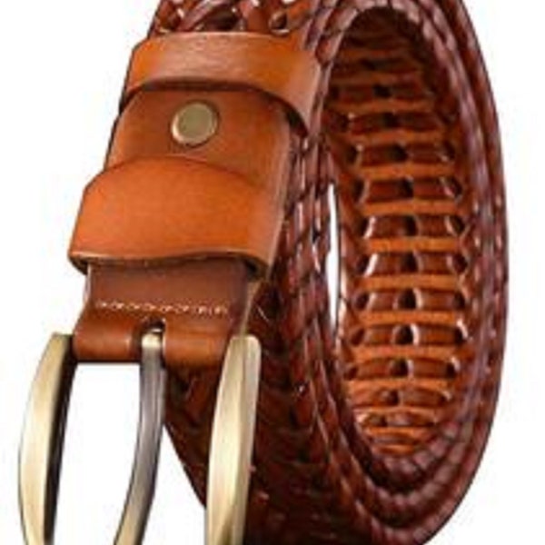 Cinturón de hombre trenzado de punto tejido a mano de cuero original marrón