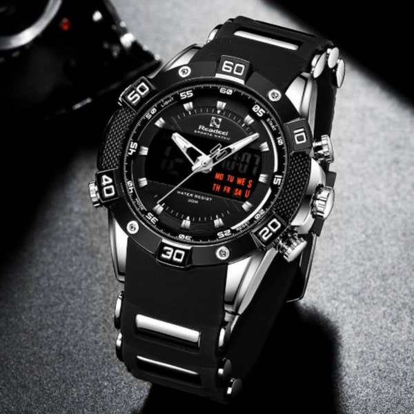 Men's Silicone Black Silver Dual Display Quartz Watch