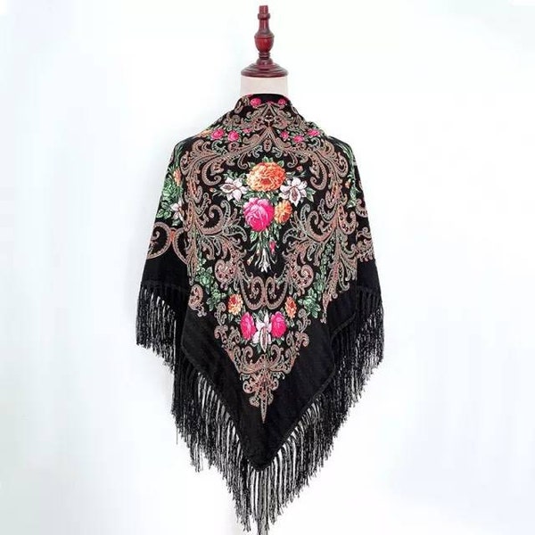 Folk Russian Floral Square Scarf Floral Scarf Modern Chic Boho Style Shawl Scarf Classic Timeless Floral Design Gift for Her