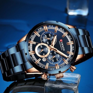 Men Stainless Steel Blue Round Dial Chronograph Water Resistant Wristwatch