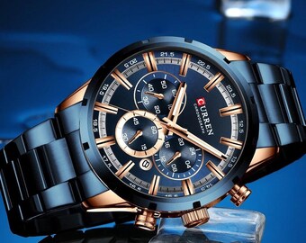 Men Stainless Steel Blue Round Dial Chronograph Water Resistant Wristwatch