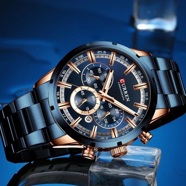 Men Stainless Steel Blue Round Dial Chronograph Water Resistant Wristwatch