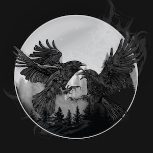 May include: Black and white illustration of two ravens facing each other in a circular frame with a forest background.