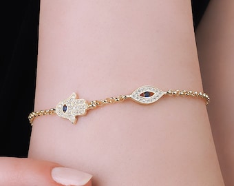 The Harmony Guard Bracelet- Hamsa evil eye, 18K gold plated 925 sterling silver, handmade protection jewelry, lucky charm, spiritual gift