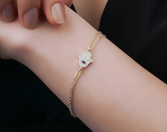 The Divine Hand Bracelet -18K gold plated 925 sterling silver hamsa bracelet, zirconia, good luck charm, protection bracelet, handmade gift