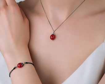 Fortuna (Ensemble)- Ensemble de bijoux coccinelle, bijoux en verre de Murano, collier et bracelet coccinelle au chalumeau, scarabée rouge, cadeau de bijoux faits à la main