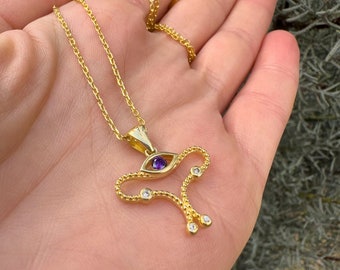 Penthesilea - woman power, 925 sterling silver 18K gold plated with purple cubic zirconia evil eye uterus pendant with chain, gift her