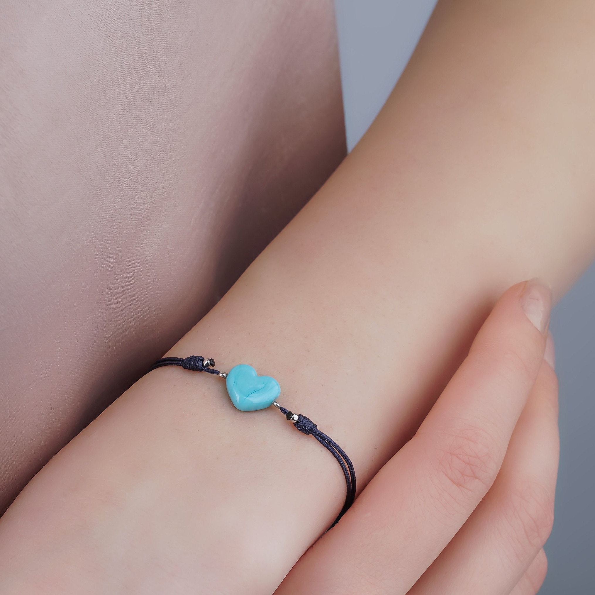 Cybele's Heart (Türkis) - Muranoglas blau türkis Herz Armband, Freundschaft Herz Armband Geschenk, verstellbarer Kordel, wasserdicht, Liebe