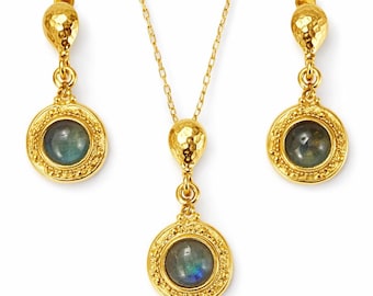 Golden Aura Labradorite Jewelry Set – Feri Collection - 18k Gold Plated Sterling Silver Necklace, Earrings & Adjustable Ring - One of a kind