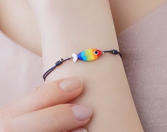 Regenbogen Acqua Murano Glas Armband - Verstellbarer Schnur Fisch Anhänger, Glück, Chakra Farben, Einzigartiger Freundschaft Schmuck Geschenk, WeihnachtsArmband