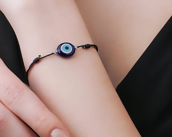 Mediterranean Guardian Eye -Murano glass evil eye bracelet, protection glass bracelet, nazar, dark blue talisman,adjustable black string eye