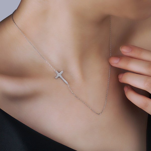 Croix d'Emmelia - collier latéral, bijoux croix en argent sterling 925, collier chrétien, collier croix simple, 100% handmad, foi, cadeau