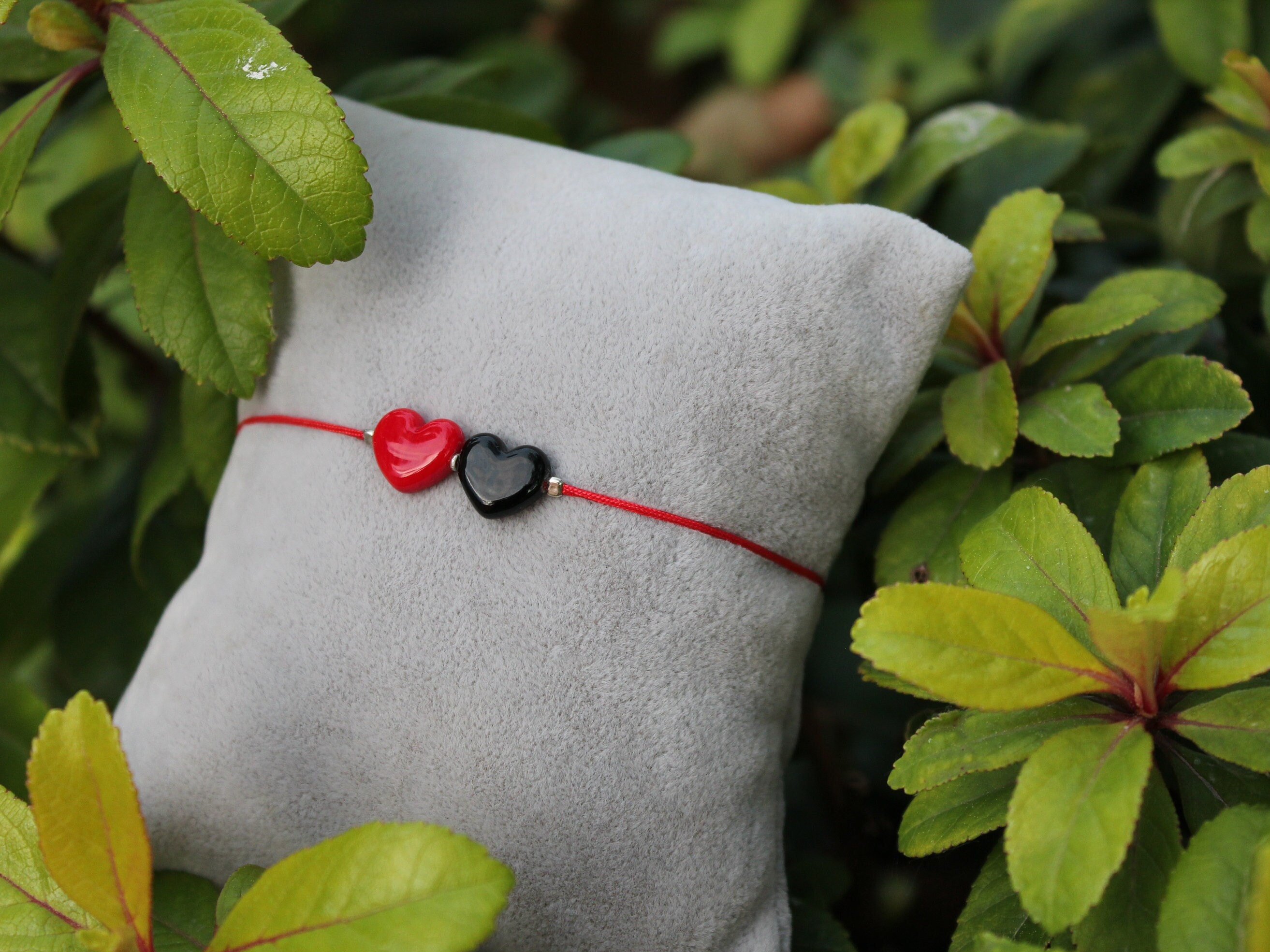 Harmony Hearts Bracelet, Red and Black Two Heart Bracelet, Red Cord Double Heart Bracelet, Murano Glass Jewelry, Unique Gift for Daughter, image size:2627x1970