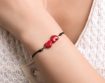 Twin Hearts of Eros- Love bracelet, red love bracelet, double red heart, Murano glass, lampwork romantic bracelet, two heart bracelet gift