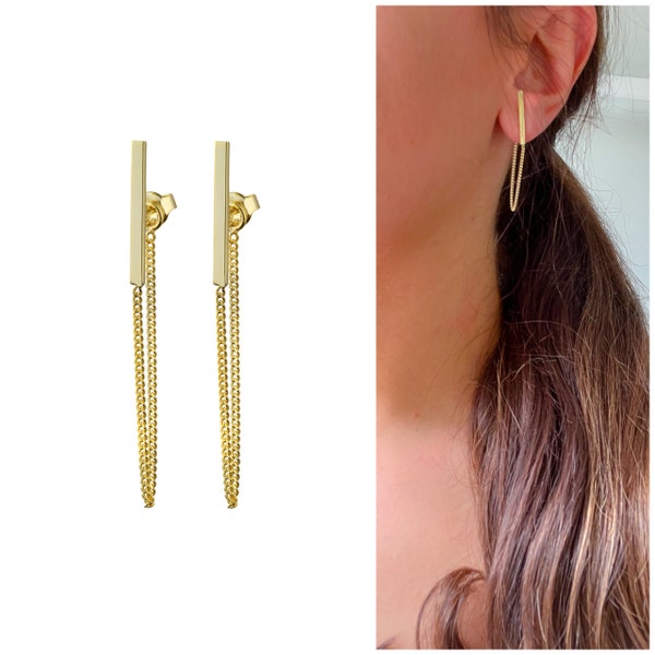 Aphrodisias - Handmade 925 sterling silver, 14K gold plated long chain bar statement stud earrings, elegance, summer chic, unique gift