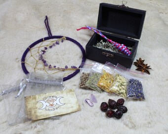 Kit de sueño dulce con caja quemada a mano con colgante de pared de luna creciente amatista