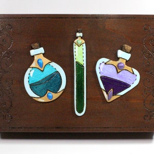 Wood Burned Box with Brown Stain Border Design with 3D Burned and Painted Potion Bottles with Foil and Resin Gems