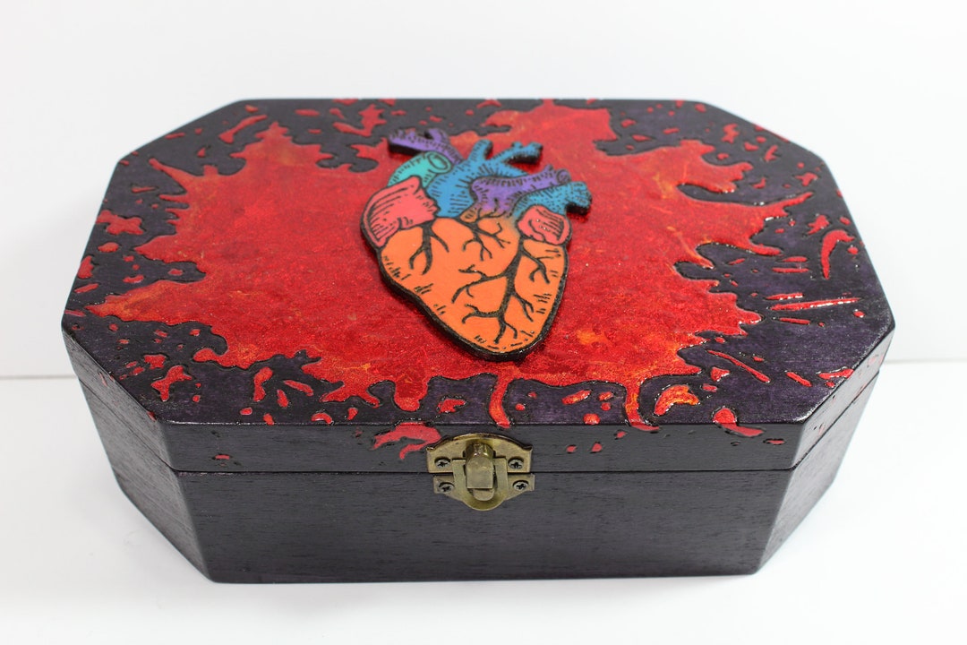 Wood Burned Box With Purple Stain, Foiled Blood Splatter, Painted Heart ...