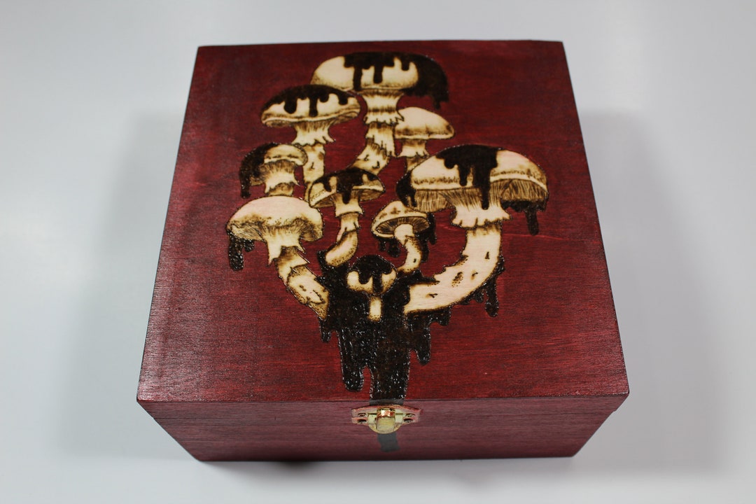 Wood Burned Box With Red Stain Melting Mushrooms - Etsy