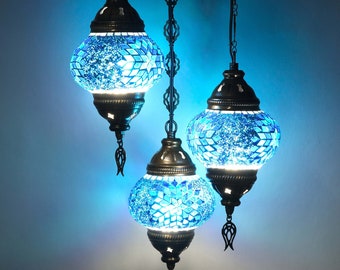 Turkish Chandelier, Turkish Lamp, 3 Globe Mosaic Pendant Lamp, Turkish Ceiling Lamp, Hanging Light,  Asylove New Design