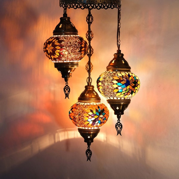 Colormix Deckenleuchte, 3 Globe Kronleuchter, türkische Lampe, Mosaikpendelleuchte, türkische Deckenleuchte, Hängeleuchte, Asylove Neues Design