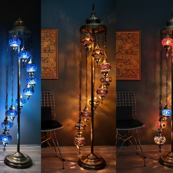 Mosaic Floor Lamp, Turkish Lamp,  9 Globe Mosaic Lamp, Turkish Floor Lamp,  Asylove Special Design,