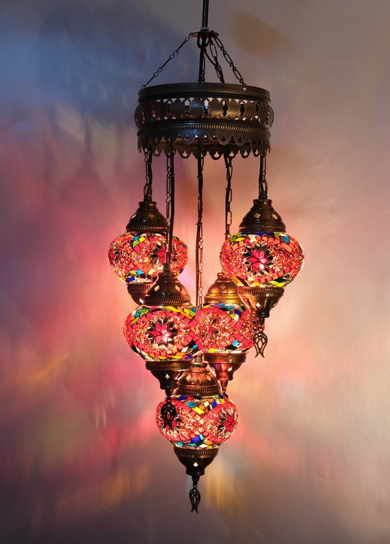 Lampada turca rossa, lampada a sospensione, lampadario a 5 globi, lampada  turca, lampada da soffitto turca, lampada a sospensione, Asylove New Design  -  Italia