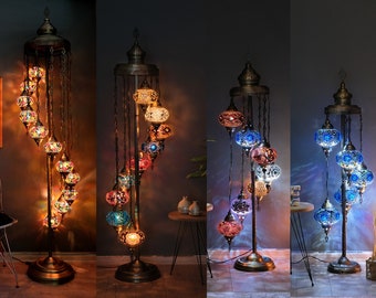 Aanpasbare Turkse mozaïek vloerlamp, 11 Globe - 9 Globe - 7 Globe - 5 Globe Turkse lamp, 7 inch Globes, Marokkaans staand licht