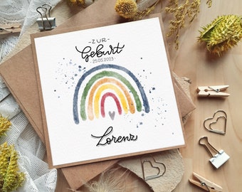 personalisierte Glückwunschkarte mit Regenbogen zur Geburt oder Taufe | Klappkarte quadratisch mit Handlettering, Kraftpapier & Einlegeblatt