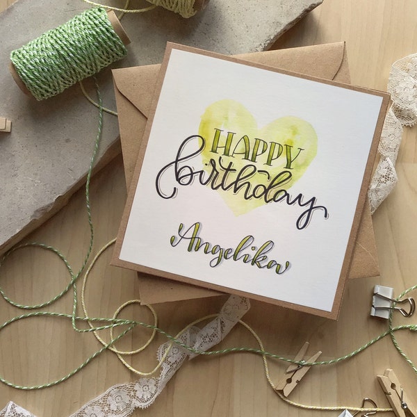 personalisierte Glückwunschkarte versch. Farben, Geburtstagskarte, Klappkarte quadratisch mit Handlettering, Kraftpapier & Einlegeblatt