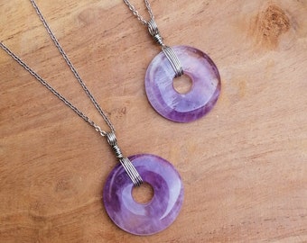 Amethyst Crystal Donut Necklace, Wire Wrapped Stone, Circle Pendant, Purple Gemstone, Handmade Jewelry, Minimalist, Natural Gems, Whimsigoth