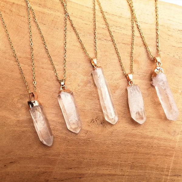 Clear Quartz Crystal Point Necklace | Rough Cut Crystal | Gold Dipped Minimalist Necklace | Stainless Steel Chain | April Birthstone
