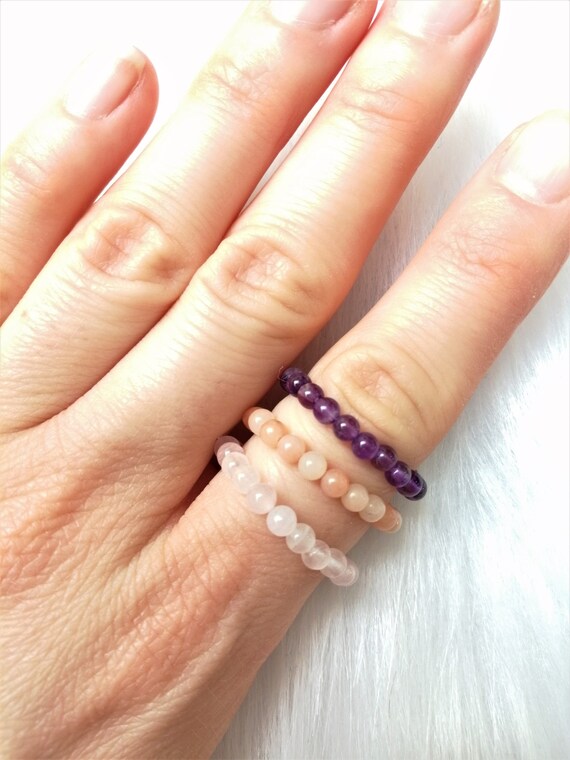Crystal Beaded Stretch Ring / Round Beads / Amethyst / Etsy