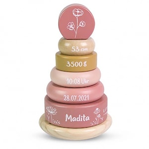 Wooden toy ring stacking tower - printed | birthday | Baptism | name | Personalizable, stacking game, pyramid - Little Dutch