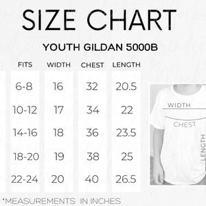 May include: Size chart for youth Gildan 5000B t-shirts, showing measurements in inches for chest, width, and length for sizes XS to XL.