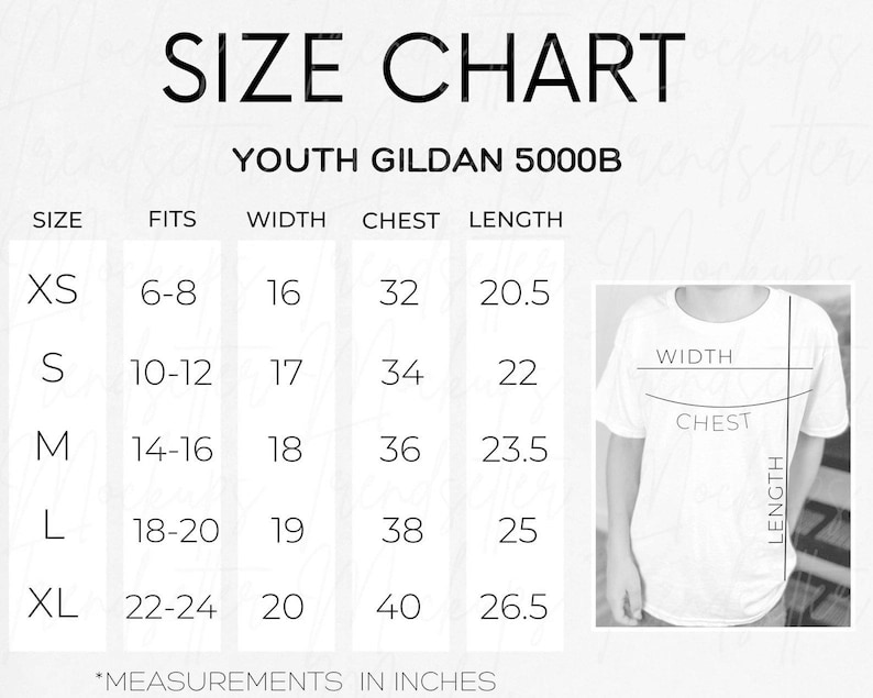 May include: Size chart for youth Gildan 5000B t-shirts, showing measurements in inches for chest, width, and length for sizes XS to XL.