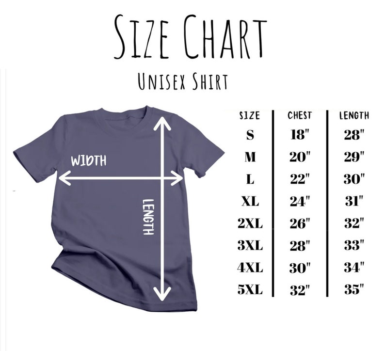 May include: Size chart for a unisex shirt, showing measurements for chest and length in inches for sizes S through 5XL. The chart is illustrated with a blue shirt.